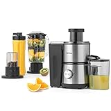 Petra PT4294VDEEU7 4-In-1 Zentrifugal Entsafter - Saftmaschine für vitaminreiche Gemüse/Obstsäfte, inkl 1L Mixer, 350ml Behälter, 30g Mahlbehälter, 600ml flasche, 2 Geschwindig & Pulsfunktion, 400W