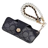 FEIQIAO Brillenetui aus weichem Leder, für Damen, tragbar, ultradünn, mit Perlenkette, Schwarze runde Blume, Large