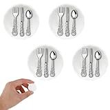 TIESOME Puppenhaus Küchenzubehör Set, 4 Stück Miniaturteller mit 8 Stück Mini Metallgeschirr Porzellanteller Modell 1:12 Puppenhaus Küchendekoration für Rollenspiele