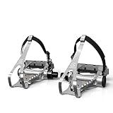 LOEVELOSI Fahrrad Pedale SpeedPro Schlaufen Pedalhaken Retro Rennrad-Pedale Silber Aluminium mit Nylon-Riemen Heimtrainer Pedal-Haken für Rennrad
