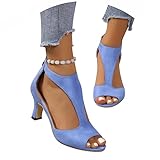 Minetom Sandalen Damen Sommer Wildleder Party Basic Fischmaul Sandalen Blockabsatz High Heels Pumps Sommerschuhe Vintage Reißverschluss Abendschuhe A Blau 43 EU