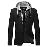 KUDORO Herren Sakko Anzugjacke Slim Fit Freizeit Baumwolle Sportlich Kapuzen Blazer Herren 2 Knöpfe(Schwarz,L)