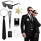 ELNLE Agent Kostüm Zubehör Set, Spion Kostüm Zubehör, Man in Black Kostüm mit Sonnenbrille Zip Krawatte Hörer ID Karte und Kartenhalter für Karneval Halloween Rollenspiel