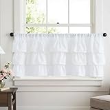 Vangao Rüschig Scheibengardinen Modern Küche Leinenoptik Weiß Bistrogardine 1er Set 125Bx45Hcm mit stangendurchzug Wohnwagen kinderzimmer Landhausstil Vintage Volant Gardinen Kurz Halbtransparente