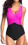 PANOZON Damen Badeanzug mit V-Form Ausschnitt bauchweg Monokini Rückenfrei Cut Out Push-up Bikini Elegant Grace U-Back (Rosa, XL)