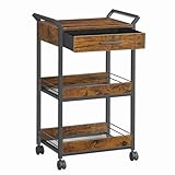VASAGLE Rollwagen, Küchenwagen 3 Ebenen, Servierwagen mit Bremsen, Holzspanplatte, obere Schublade, Aufbewahrungsregal für Küche, Badezimmer, Schlafzimmer, vintagebraun-tintenschwarz LRC048K01