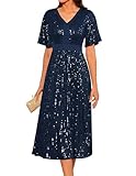 GRACE KARIN Kurzarm Abendkleid V-Ausschnitt Swing Cocktailkleid Elegant Paillettenkleid A-Linie Faltenrock Casual Freizeitkleid M Marineblau