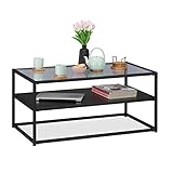 Relaxdays Couchtisch, Ablage aus MDF, Glas & Metall, modernes Design, edler Wohnzimmertisch, HBT 42x90x50 cm, schwarz