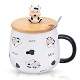 Kuh-Tasse Süße Keramik Kaffeetasse mit Deckel & Edelstahl Löffel, 480ml 3D Tier Kaffee Tasse Kaffeebecher Porzellan Lustige Geburtstagsgeschenk für Frauen Freunde Kinder Mädchen