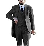 Tuikayoo Tweed Herren Frack 3 Stück Herringbone Anzüge Prom Smokings Hochzeit Trauzeugen Blazer Sets（Schwarz，XXL）