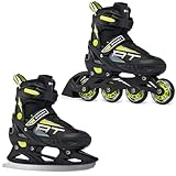 RAVEN Profession Inlineskates Inliner für Kinder und Erwachsene OPTIONAL 2in1 mit Schlittschuhen verstellbar (Black/Lime mit Kufen, 28-32 (18,5-21cm))