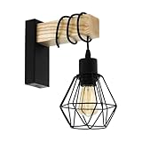 EGLO Wandlampe Townshend 5, Vintage Wandleuchte im Industrial Design, Retro Lampe aus Stahl und Holz, Farbe Schwarz, braun, Fassung E27, FSC Zertifiziert