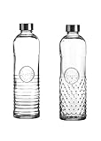 Stilvoll Wasser trinken - Oriental 1 Liter Glas Wasserflasche mit Schraubverschluss, luftdicht, Trinkflasche für Wasser, Saft im Kühlschrank, Vintage Glasflasche (2er Set Retro VG (Stripe Dot))