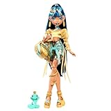 Monster High Cleo De Nile Puppe in goldener Bluse und mehrlagigem Rock, enthält Haustier-Kobra Hissette und Accessoires wie Rucksack, Snack und Papierrolle, HXH74