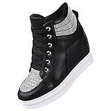 rismart Damen Keilabsatz Trainers Funkeln High Top Schnüren Ankle Bootie Schwarz,38 EU