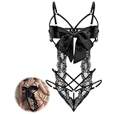 Telooco Desouses für Frauen Sexy Unterwäsche Dessous-Sets für Damen Spitzen Bodysuit Schleifenausschnitt Design Sexy Einteiler Dessous Damen Frauen Sexy Set für Weihnachten Karneval (Schwarz)