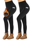 Missluck 2er Pack Thermoleggings Damen Winter Mit Taschen, High Waist Thermohose Gefüttert Fleece Thermounterwäsche Für Sport Gym（Schwarz/Schwarz,S/M）