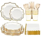 Anstore Partygeschirr Set, 200 Stück Partyteller Weiß mit Gold Goldrand mit Gabeln Messer Löffel Servietten Teller Becher, Einwegteller Pappteller Für 25 Gäste für Geburtstags Hochzeiten Partyzubehör