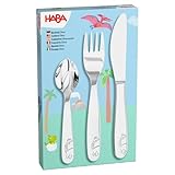 HABA Besteck Dinosaurier - Kinderbesteck aus Edelstahl mit Dino-Motiv – Set aus Gabel, Messer und Löffel – spülmaschinengeeignet – Ab 12 Monaten – 2012819005