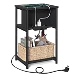VASAGLE Beistelltisch, Nachttisch mit Steckdose, schmal, 2 AC-Anschlüsse, 2 USB-Anschlüsse, 30 x 34 x 58 cm, für Wohnzimmer, Schlafzimmer, schwarz LET375B02