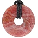 Lebensquelle Plus Edelstein Donut Ø 30 mm + Baumwollband + Edelsteinkarte | Naturstein Anhänger Halskette | Echte Heilsteinkette inkl. Band (Rhodochrosit)