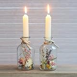 Trockenblumen im Glas mit Kerzen, Trockenblumen Set mit Vase, 2 Stück, getrocknete Blumen deko, Flaschen Kerzenhalter mit ewige Blumen, Geschenke für Frauen (Creme)