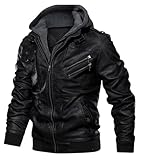 Uusollecy Lederjacke Herren, Kunstlederjacke Mit Abnehmbare Kapuze Schwarz XXL