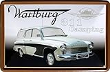 WOGEKA ART Retro Blechschild - Wartburg 311 Camping - DDR Oldtimer Auto, 20 x 30 cm, Ostalgie Vintage Metallschild als Geschenk zur Werkstatt und Garagen Deko für Ossis 338