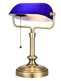 LOFOB Banker Schreibtischlampe, Glasschatten, Vintage -Lampe mit Pull -Kettenschalter für Heimbüro, Klavierlampe (Antique Brass+Blue)