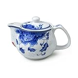 Kleine Teekanne, 266 ml, Blau und Weiß, Porzellan-Teekanne mit Edelstahl-Teesieb, klassische chinesische Penoy-Blume (Pfingstrose)