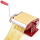 Pastamaschine aus Edelstahl, manuelle Nudelmaschine mit 9 Teigstärken & 2 Schnittbreiten für Spaghetti, Tagliatelle, Lasagne, Fettuccini, Silber (Rot)