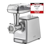 CASO FW 2500 Silber, Fleischwolf mit leistungsstarken 2500 Watt, Testurteil: Sehr Gut, Titan Klinge, Rücklauf-Funktion, Zubehör inkl. Burgerpresse