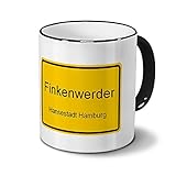 Städtetasse Finkenwerder - Hansestadt Hamburg - Design Ortsschild - Stadt-Tasse, City-Mug, Becher Schwarz