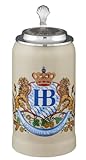 Hofbräuhaus München Stein Bierkrug Löwendekor mit Zinndeckel 1 L | Original Maßkrug | Bierglas mit HB Logo, Geschenkidee für Herren und Damen