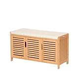 AD.CON Schuhschrank aus Bambus mit Sitzbank Schuhbank mit 3 Fächern Sitzkissen Schuhkommode Aufbewahrungsschrank für Flur Eingangsbereich 50x90x35cm (Beige)
