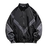 Vsadsau Herren Hip Hop Windbreaker Mantel gespleißt reflektierender Stehkragen Reißverschluss Jacke Baggy dünne Parkas, Schwarz , L