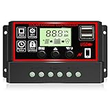 30A Laderegler Solar 12V/24V, Solar Ladegerät PWM Controller Solarpanel Batterie Intelligente Solarregler mit 5V Dual USB Port, Auto-Parameter LCD Anzeige Solar Controller für Blei Säure Batterien