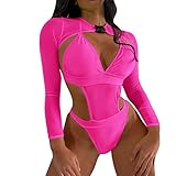 FYMNSI Damen Rave Outfits Techno Neon Body Crop Top mit Schnalle Langarm Badeanz?ge Bikini R?ckenfrei Monokini Y2K Mesh Raver Outfit f?r Festival Clubwear Party Strand Cover Up Bademode Rose M