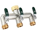 Wasserverteiler 3fach, Durchflussstarker 3 Wege Verteiler Wasser, Vernickelt Messing Wasserhahn Verteiler, Garten Verteiler 3 Wege mit Grün Verlängerungsgriffen,1-Zoll-Anschluss mit 3/4-Zoll-Adapter