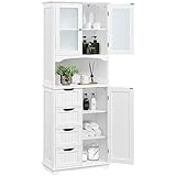 Yaheetech Badezimmerschrank Hochschrank Badschrank Küchenschrank mit Glastüren & Ablagefach Aufbewahrungsschrank Badkommode mit 4 Schubladen und verstellbarem Einlegeboden, 63x30x165,5 cm