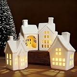 4 Stück Keramik Häuser Weihnachten Set, Weihnachtsdeko Beleuchtet Innen, Weihnachtsdorf aus Keramik, Led Lichthaus, Porzellan Häuser Weiß,Dekohaus Weihnachten Geeignet als Winter Deko Innen,Kerzenhaus