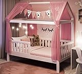 Alcube Hausbett 160x80 mit Matratze und Rosa Dekoration - Modell 2022 - vielseitiges Holz Kinderbett für Jungen & Mädchen - Massivholz Kinder Bett mit Rausfallschutz und Lattenrost 80x160 cm - Weiß