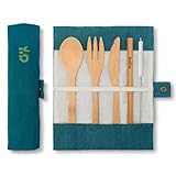 Eßbesteck aus Bambus | Reisebesteck | umweltfreundliches Besteckset | Messer, Gabel, Löffel und Strohhalm| Besteck Holz | Reisebesteck für unterwegs mit Reiseetui | 20 cm | Lagune | Bambaw