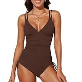 meioro Damen Bauchweg Badeanzug V Ausschnitt Push Up Einteilige Bademode, Raffung Schlankheits Schwimmanzug für Frauen, High Waist Badeanzüge mit Kordelzug Vintage Swimsuit for Women (Braun,M)