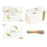 Luxoraiova 50 Stück Schön Dass Du Da Bist Gastgeschenke, Geschenkboxen Kissenschachtel mit Eukalyptus Design, Gastgeschenk Box für Hochzeit, Taufe, Kommunion, Pralinen, Süßigkeiten, Kekse