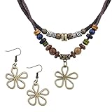Mikovivi Mehrlagige Halskette Holzperlen mit Hohlen Blumenohrringen, Hippie Boho Halskette Unisex Böhmischer Schmuck für Männer und Frauen
