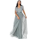 Maya Deluxe Damen Maxi Abendkleid Elegant Hochzeit V-ausschnitt Brautjungfernkleid Empiretaillierung Abschlussball Bridesmaid Dress, Misty Green, 46 EU