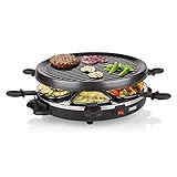 Princess Raclette 6 Grill Party, Für 2–6 Personen, Runde Steingrillplatte Ø30 cm, Gleichmäßige Hitzeverteilung, Spülmaschinenfeste Pfännchen, Ideal für Camping & Zuhause, 01.162725.01.001