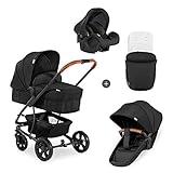 Hauck Kombi Kinderwagen Pacific 4 Shop N Drive inkl. Babywanne umbaubar zu Sportsitz, Autositz und Beindecke, Sitz Wendbar, Große Räder, Belastbar bis 25 kg, Schwarz