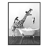 Dazzlewall Lustiges Badezimmer Bild Giraffe und Pinguine in Badewanne, Schwarz Weiß Tier Bild, Canvas Painting for Home Entrance Hall Bathroom Decor 12×16 in Ungerahmt